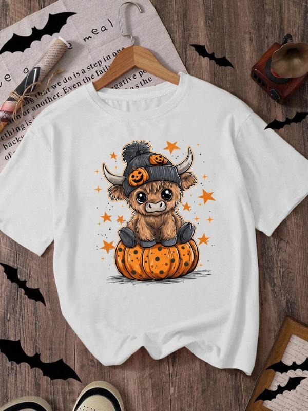 Cute Halloween Cartoon Cow T-Shirt, Pumpkin Element Women's Top, Funny Farm Animal Design, Comfortable Loose-Fitting...