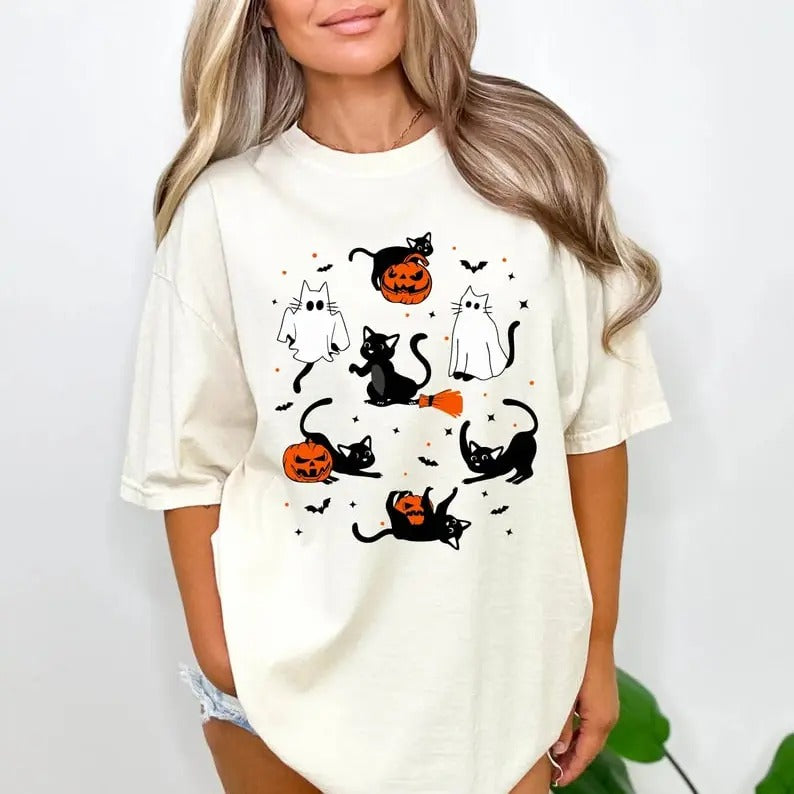 Cute Halloween Ghost Boo Cat Shirt, Halloween Cat T-Shirt, Halloween Pumpkin Cat Shirts, Halloween Cat Lover Gift, Ghost...