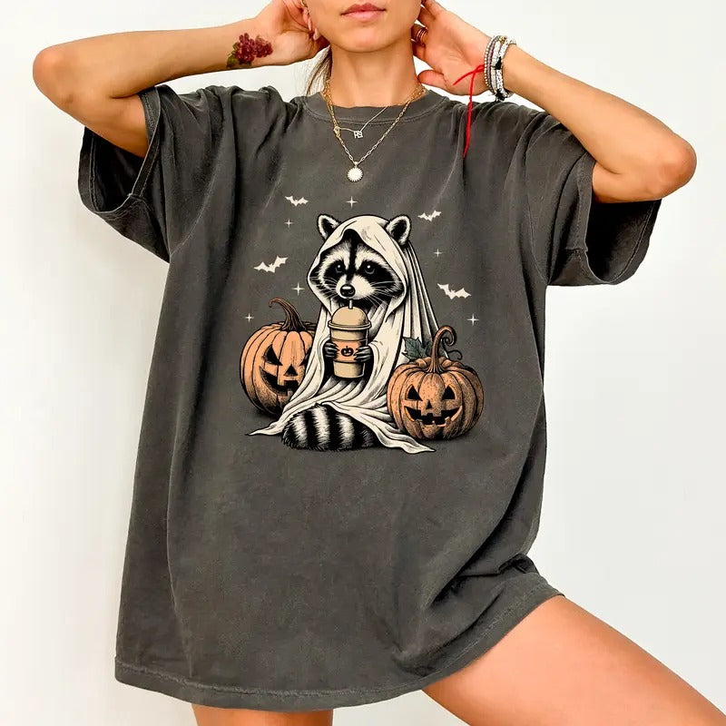 Cute Halloween Raccoon Ghost Coffee Shirt Cute Pumpkin Ghost Raccoon Ghost Fall Autumn Shirt Girl Coffee Lover Spooky Season Casual Womenswear Tops Comfort Colors Relaxed Fit Chic T-Shirts, Hoodie, Sweatshirt