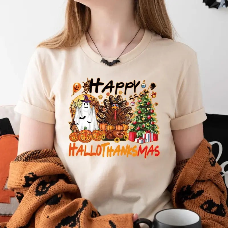 Cute Happy Hallothanksmas Shirt, Hallothanksmas T-shirt, Funny Fall Season Shirt, Spooky Halloween Shirt, Turkey...