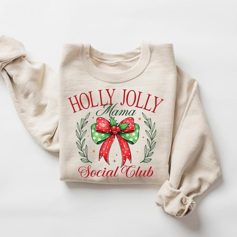 Cute Holly Jolly Mama Christmas Bow Sweatshirt, Red Coquette Christmas Mama Shirt,Popular Mother Christmas Gift, Mama...