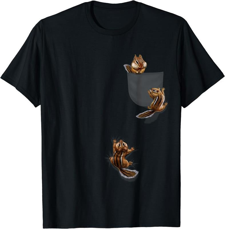 Cute Little Squirrel Playing, Climbing in Pocket, Chipmunk T-Shirt | Unisex Cotton Tee, Short Sleeve, Size S-5XL Hoodie,...