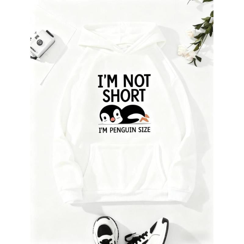 Cute Penguin Print Kangaroo Pocket Hoodie, Casual Long Sleeve Drawstring Hoodies Sweatshirt, Women's Clothing Hoodie T-Shirts
