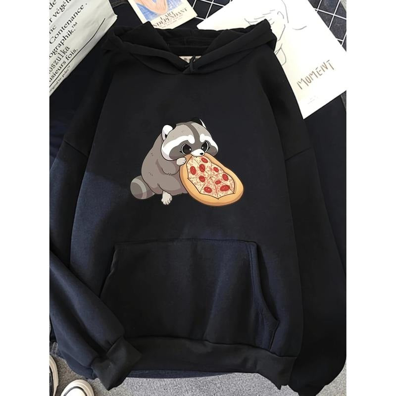 Cute Printed Hoodie for Women Featuring a Cartoon Pizza Raccoon, Originally a Sweatshirt, Perfect for Autumn And Winter,...