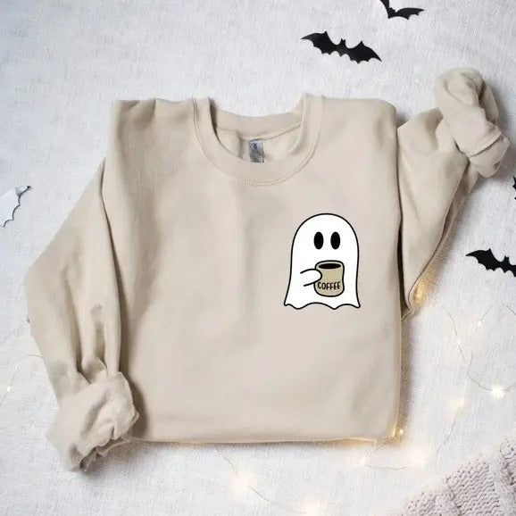 Cute Spooky Coffee Sweatshirt, Womens Ghost Sweatshirt, Spooky Season, Fall Coffee Lover Shirt, Halloween Party Shirt,...
