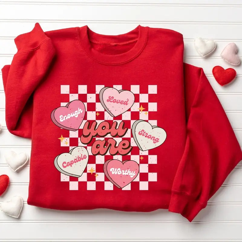 Cute Teacher Valentine Sweatshirt for Women, Retro Heart Design, 100% Cotton Fabric T-Shirts, Hoodie | HypeCrazeTee.com