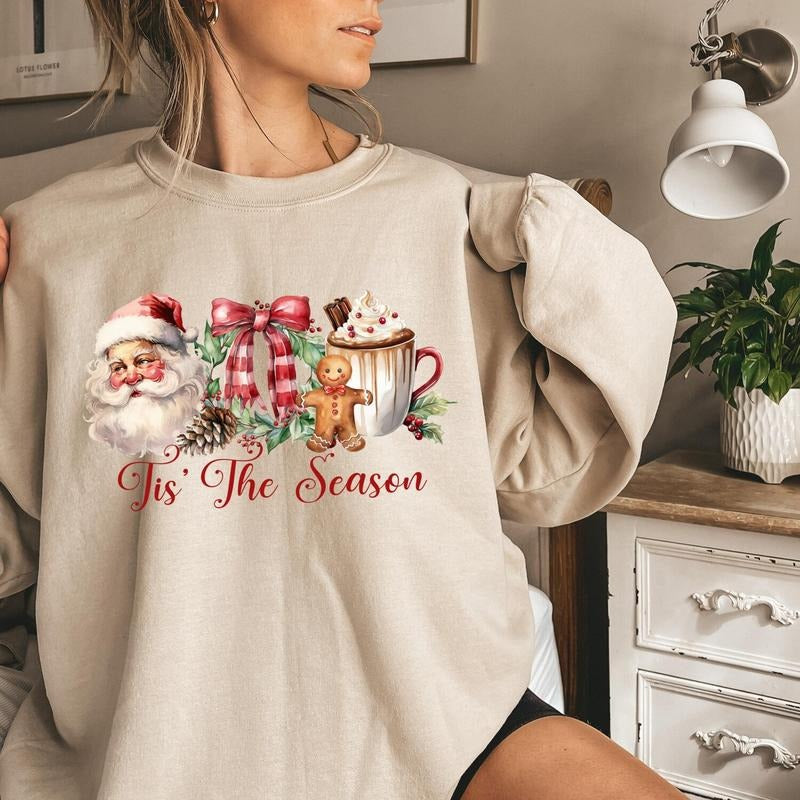Cute Tis The Season Cozy Christmas Sweatshirt, Christmas Doodle Shirt, Trendy Christmas Cute Women Gift, Girly Holiday Hoodie