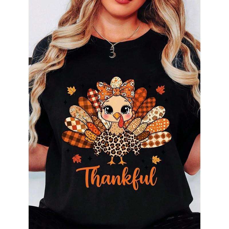 Cute Turkey Print Long Sleeve T-Shirt  Thanksgiving Turkey With Plaid Feathers And Thankful Text Autumn Holiday Casual...