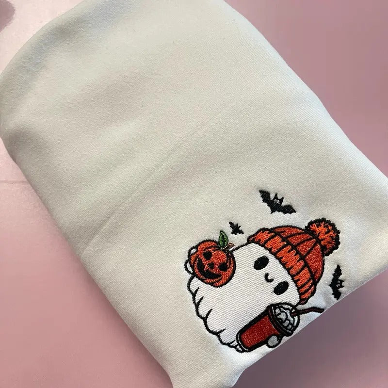 Cute pumpkin ghost embroidered sweatshirt, Halloween sweatshirt, womens sweatshirt T-Shirts, Hoodie | HypeCrazeTee.com