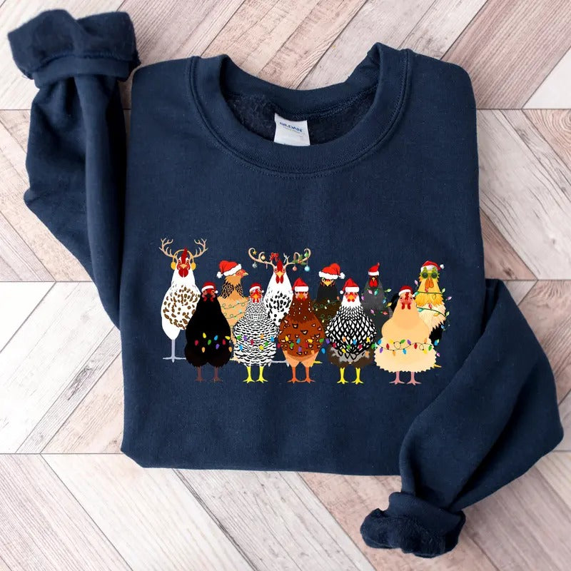 Сute Xmas Chickens Sweatshirt, Xmas Farm Animals Sweatshirt, Womens Christmas Chicken Shirt, Christmas Holiday Sweatshirt...