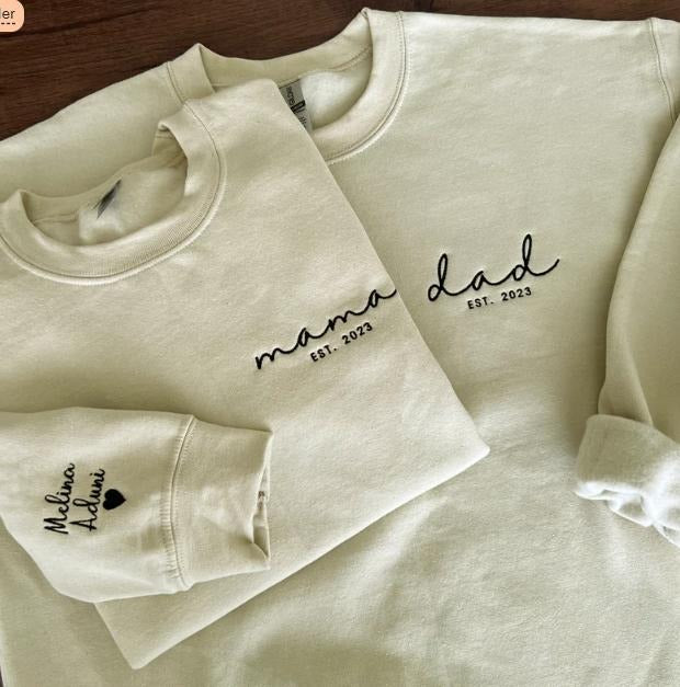 Dad Embroidered Sweatshirt, Custom Mama Shirt With Names, Heart On Sleeve, Daddy Est Year Hoodie, Gift For New Dad,...