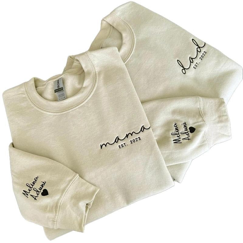 Dad Embroidered Sweatshirt, Custom Mama Shirt With Names, Heart On Sleeve, Daddy Est Year Hoodie, Gift For New Dad,...