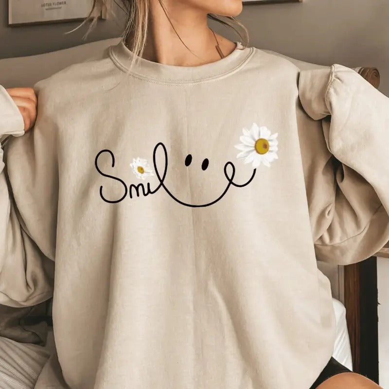 Daisy Smile Face Sweatshirt, Daisy Flower Smile Sweatshirt,  Valentine's Day Crewneck Jumper, Cute Flower Smile Gift for...