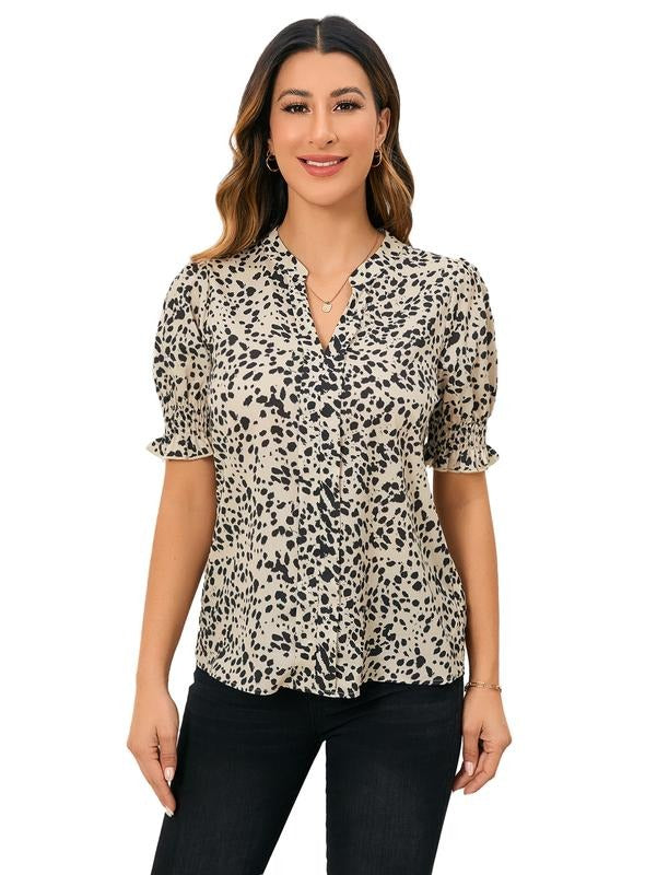 Dalmatian Print Puff Short Sleeve Blouse Notched V Neck Shirt Work Tops Hoodie, Sweatshirt | HypeCrazeTee.com