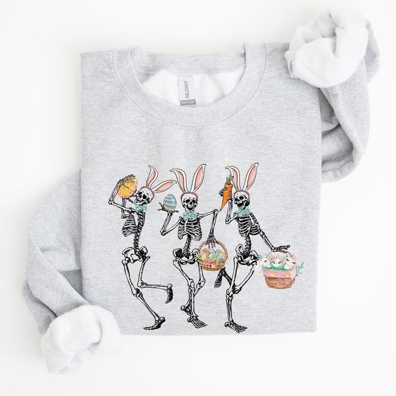 Dancing Easter Skeleton, Rabbit, Bunnies Sweatshirt, Women's Crew Neck, Crewneck T-Shirts, Hoodie | HypeCrazeTee.com