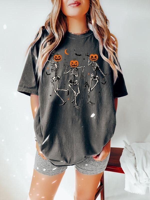 Dancing Skeleton Pumpkin Shirt, Retro Halloween Shirt, Womens Halloween Shirt, Cute Fall Shirt, Spooky Season, Pumpkin...