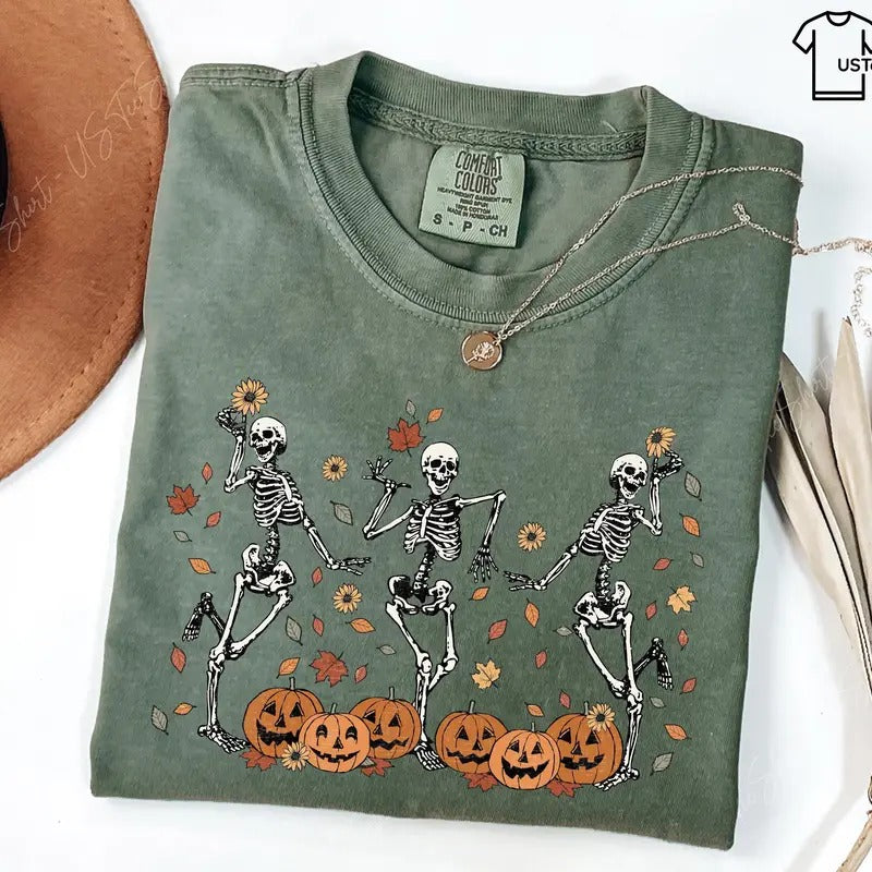 Dancing Skeleton Shirt, Pumpkin Shirt, Pumpkin Skeleton Shirt, Fall Shirt, Halloween Party Shirt, Spooky Season, Womens...