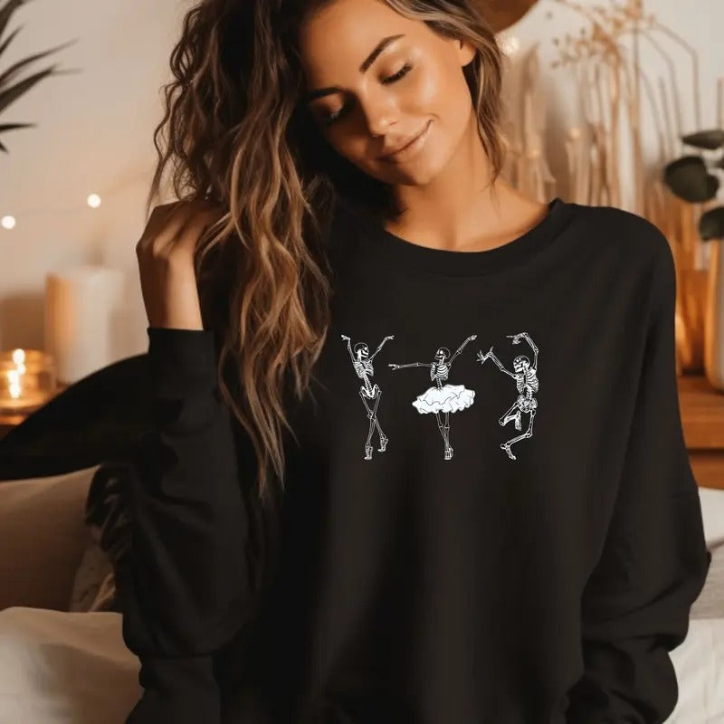 Dancing Skeletons Crewneck Sweatshirt Casual Comfortable Graphic T-Shirts, Hoodie | HypeCrazeTee.com