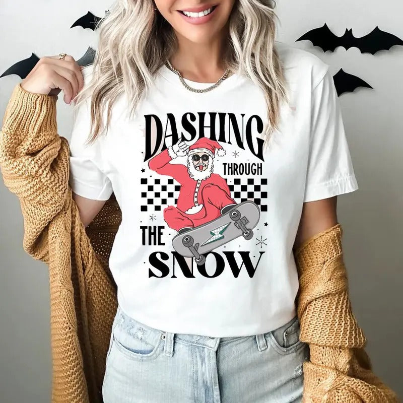 Dashing Through The Snow Sweatshirt, Christmas Santa Claus Sweater, Winter Holiday T Shirt, Santa Skating Sweatshirt,...