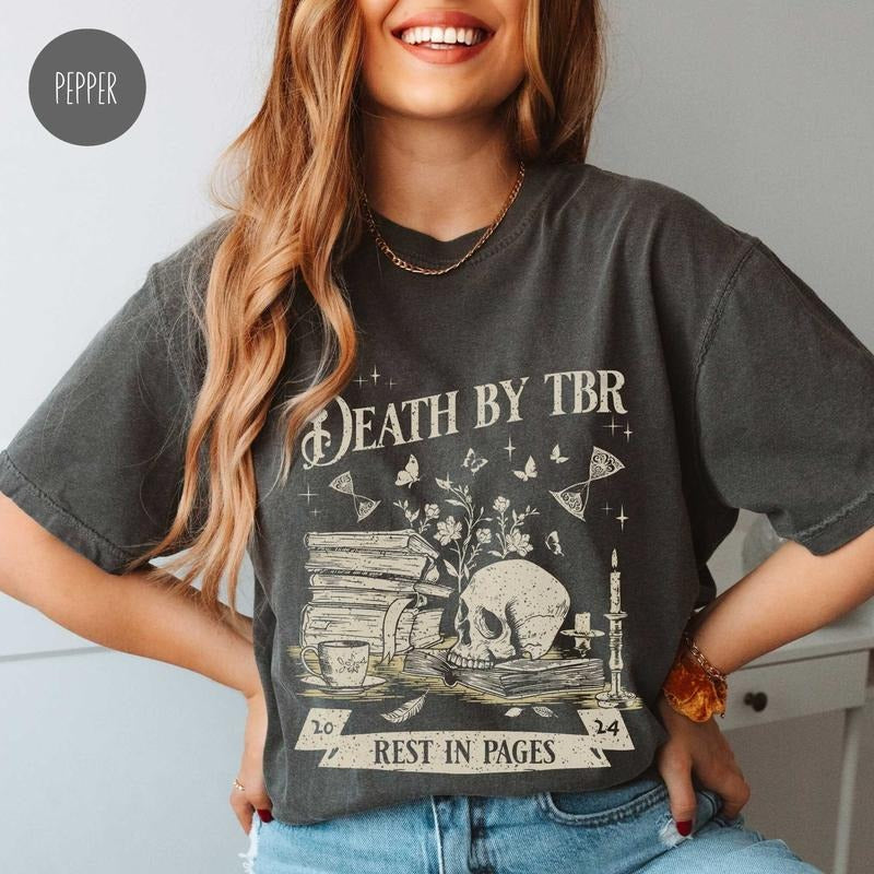 Death by TBR T-Shirt for Book Lover Vintage Reading Shirt for Bibliophiles Oversized Bookish Merch Bookworm Gift for Book...