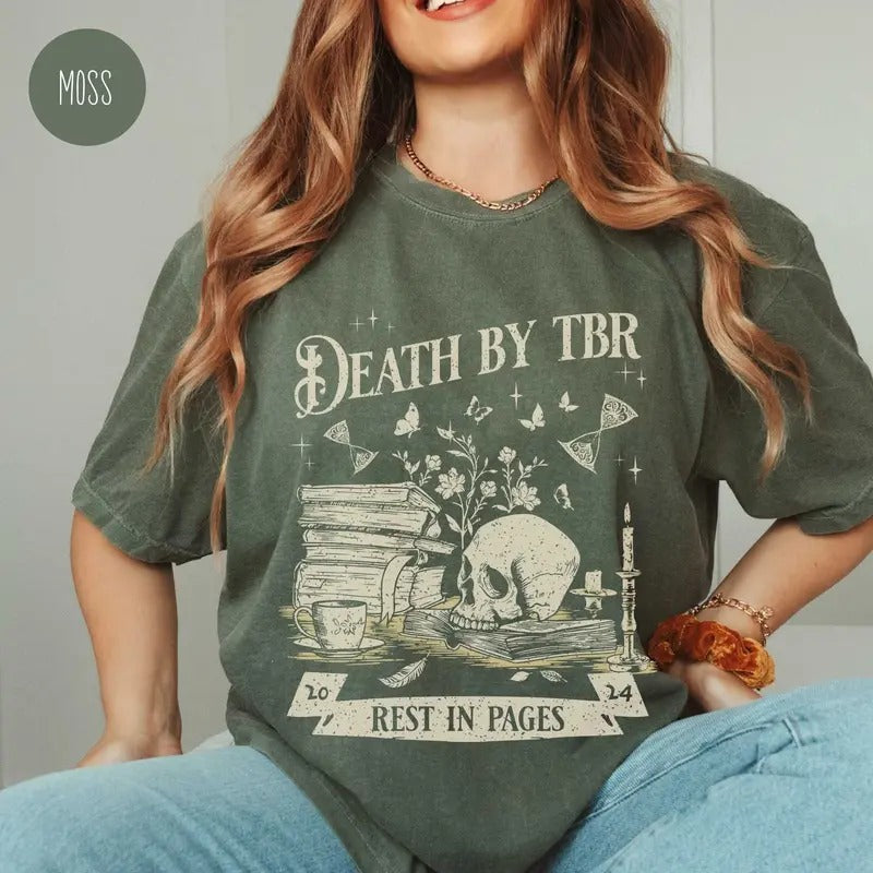 Death by TBR tShirt for Book Lover Vintage Reading Shirt for Bibliophiles Oversized Bookish Merch Bookworm Gift for Book...
