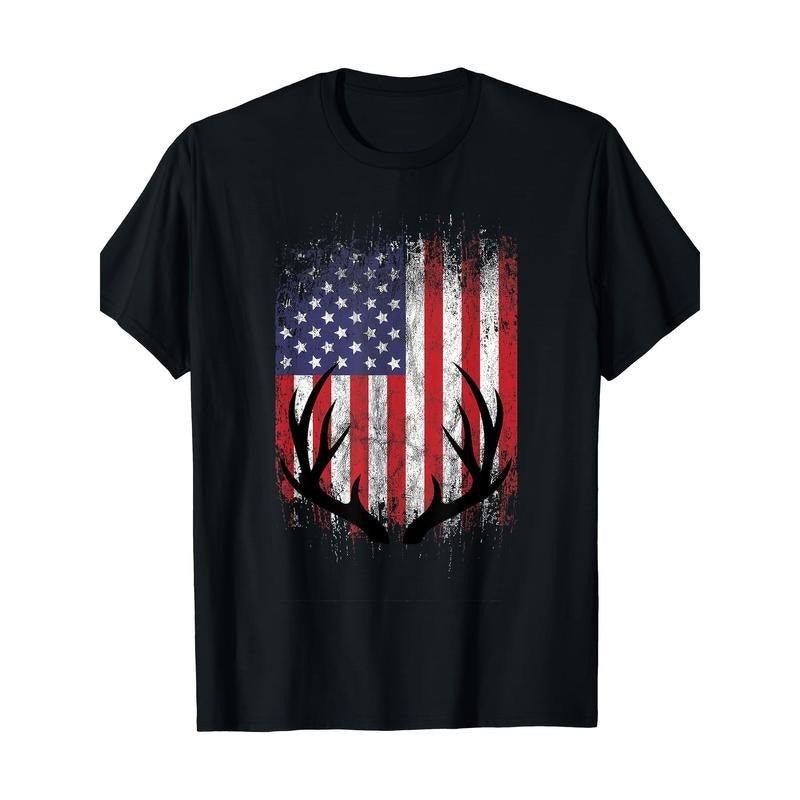 Deer Hunting American Flag Whitetail Buck Antlers Short Sleeve T-Shirt Made in USA Hoodie, Sweatshirt | HypeCrazeTee.com