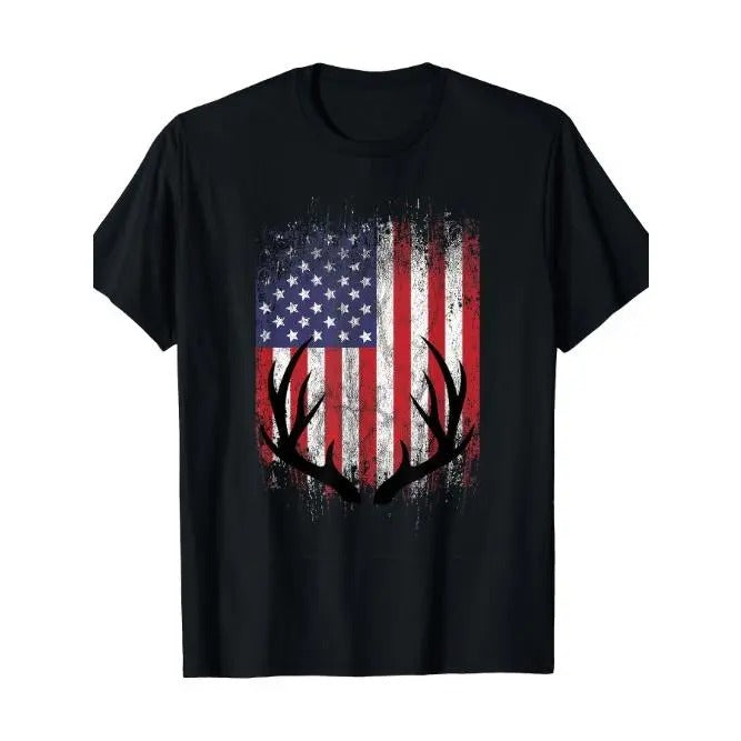 Deer Hunting American Flag Whitetail Buck Antlers Short Sleeve T-Shirt Made in USAstyle{n002}2 Hoodie, Sweatshirt