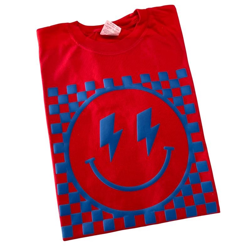 Denim Puff Checkered Happy Face Comfort Colors T-Shirt Hoodie, Sweatshirt | HypeCrazeTee.com