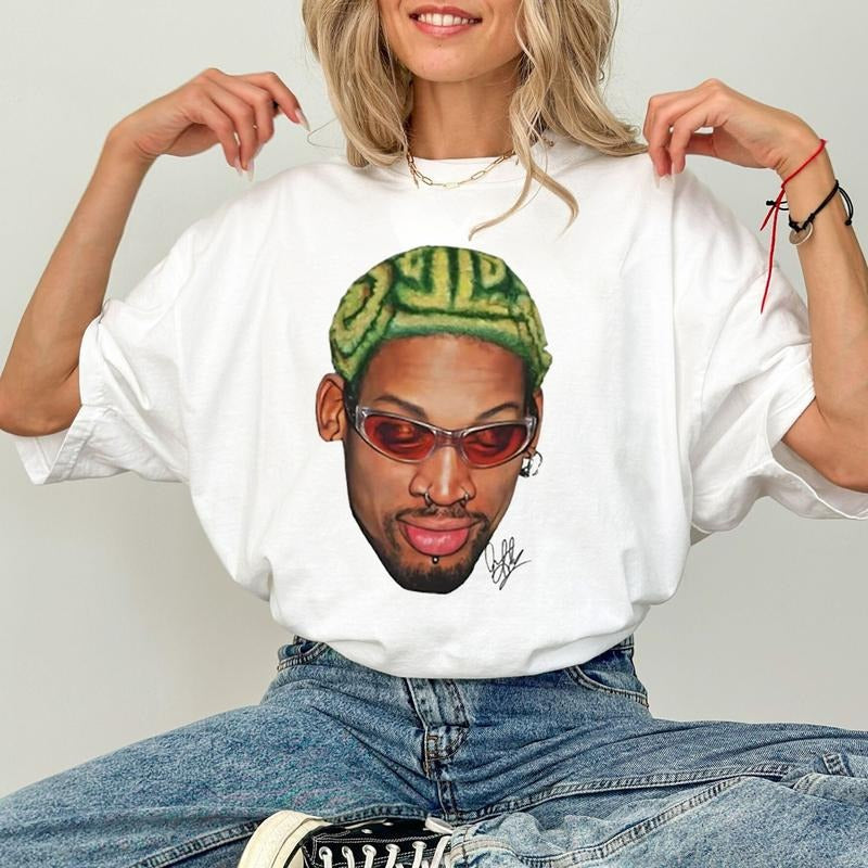 Dennis Rodman Zig Zag Green Hair 90's Vintage T Shirt, Vintage Lakers Bootleg Graphic Tee, Chicago Bulls Basketball...
