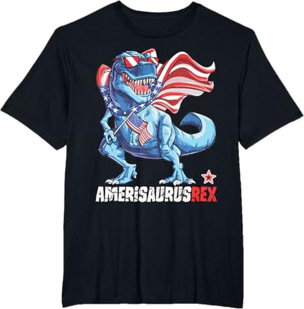 Dinosaur 4th of July Men Amerisaurus T Rex Funny T-Shirt