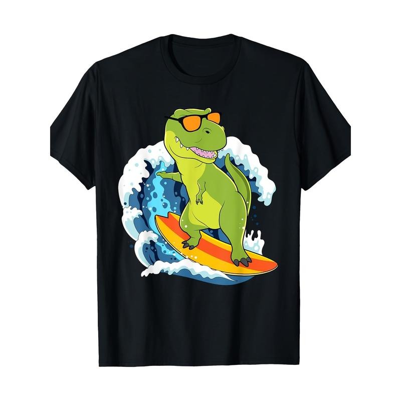 Dinosaur T-shirt Fun Hawaiian Tyrannosaurus Rex Surfing Dinosaur Surfing T-shirt, men's T-shirt Made in USA Hoodie,...