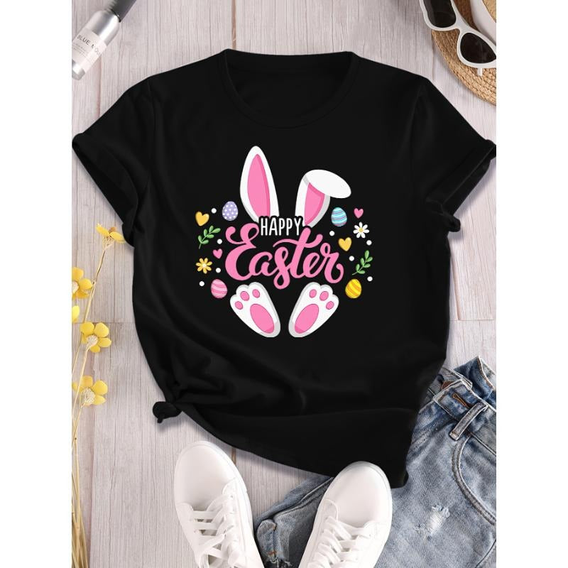 Directional Easter, Deadpan Letters Bunny Printed Crew Neck T-Shirt, Sports Casual Everyday Tops, Women's Clothing...