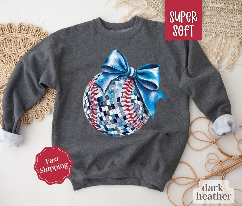 Disco Baseball Bow Sweatshirt, Game Day Baseball Crewneck, Womens Sweatshirt T-Shirts, Hoodie | HypeCrazeTee.com
