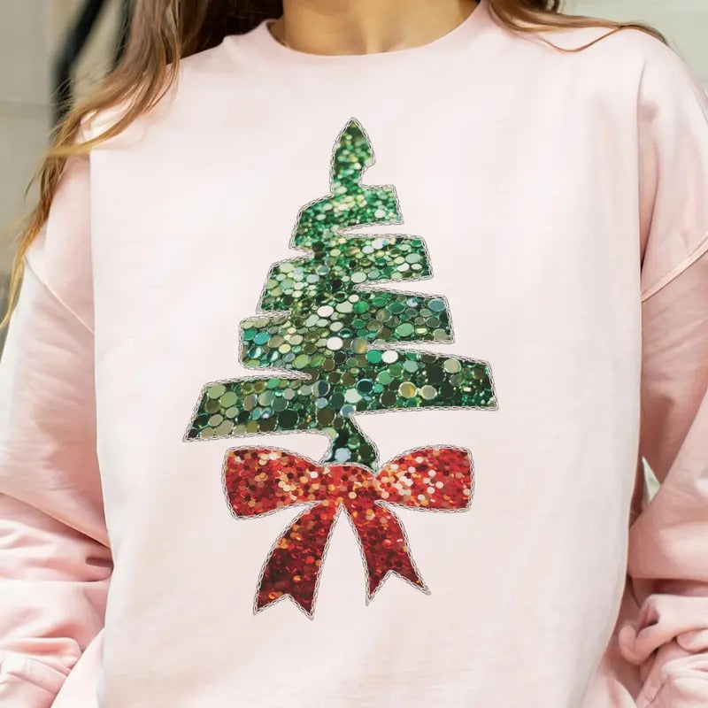 Disco Festive Christmas Tree Tees Faux Sequin Christmas Tree Pullover Coquette Holiday Tree Top Casual Santa Tree T-Shirt...