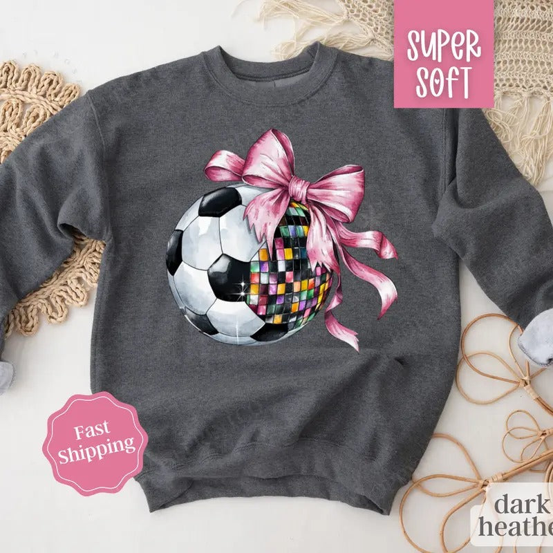 Disco Soccer Bow Sweatshirt, Game Day Soccer Crewneck, Womens Sweatshirt, Futbol Sweater T-Shirts, Hoodie | HypeCrazeTee.com