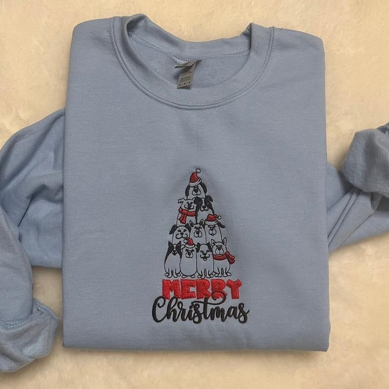 Dog Tree Merry Christmas Embroidered Crewneck Sweatshirt T-Shirts, Hoodie | HypeCrazeTee.com