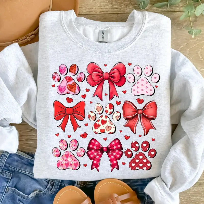 Dog Valentine Coquette Sweatshirt, Dog Valentines Bow Sweatshirt Dog Paw Print Hearts Sweatshirt Gift For Dog Lover...