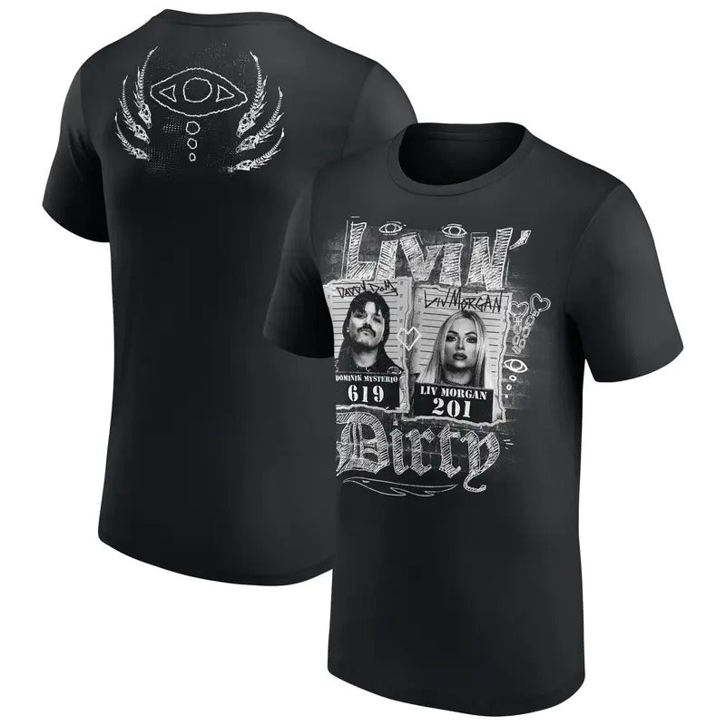 Dominik Mysterio & Liv Morgan Livin' Dirty 2 Sides Livin Dirty Couple Wrestler Shirt Professional Wrestler Fan Crew Neck T-Shirts, Hoodie, Sweatshirt