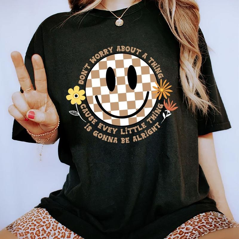 Don't Worry About Thing Shirt, Inspirational Shirt, Retro Checkered Smiling Face Graphic Printed T-shirt, Cotton Fabric...