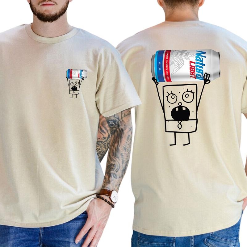 Doodlebob Natural Light 2-Side T-shirt, Beer Tee, Vintage Tee, Cotton Shortsleeve Top, Classic Casual Menswear, Daily Men...