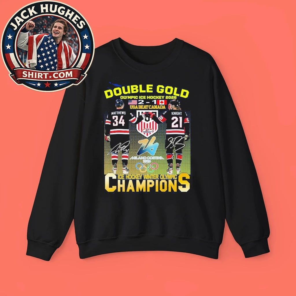 Double Gold Olympic Ice Hockey 2026 Usa Beat Canada 2 1 Matthews Knight Logo Shirt