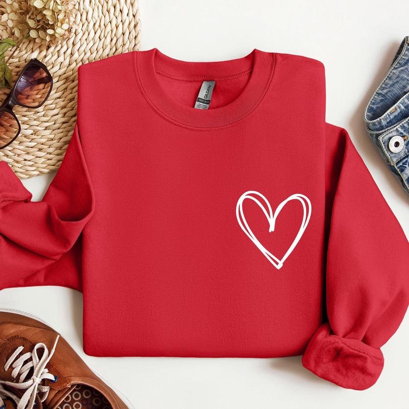 Double Heart Pocket Print, Sweatshirt, Valentine's Day, Crew Neck, Women's, Crewneck, Valentine's Day, Love, Heart, Cupid...