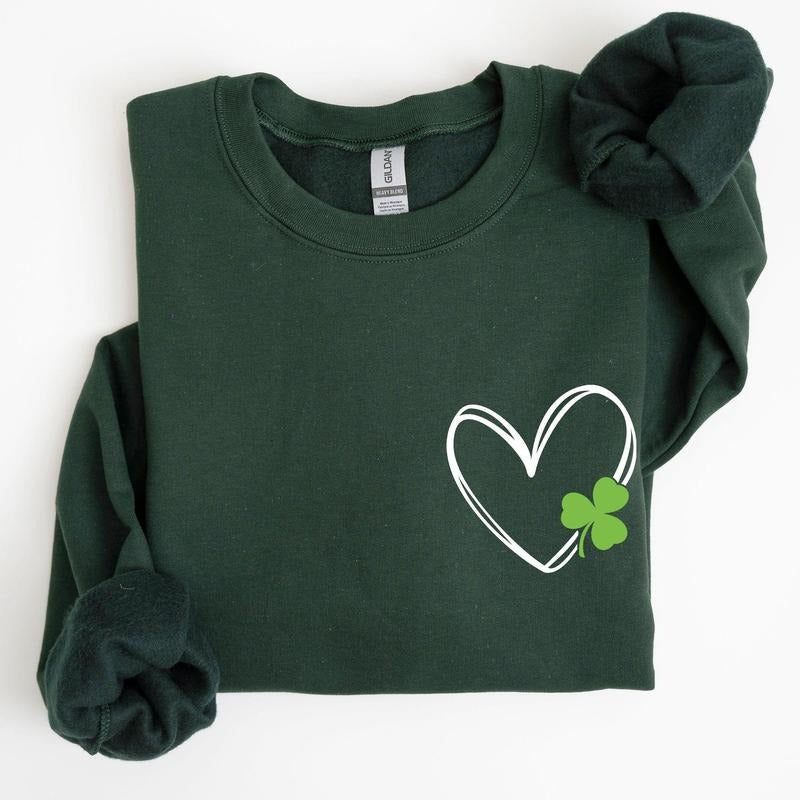 Double Heart With Shamrock, Pocket Print, St Patrick's Day Sweatshirt T-Shirts, Hoodie | HypeCrazeTee.com