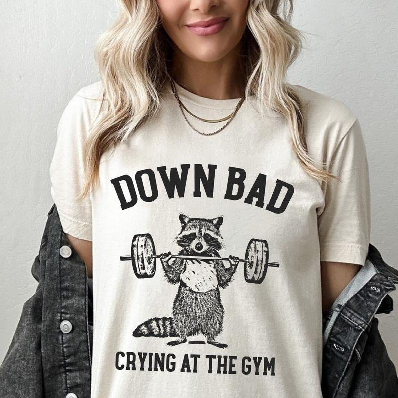 Down Bad Crying At The Gym Racoon Meme Shirt , Funny Workout Gym Tshirt Weightlifting, Women Down bad Crying Sweater,...