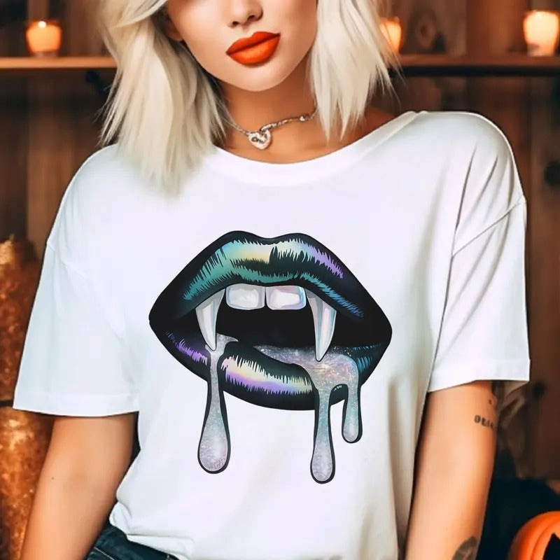 Dracula Mouth Tees Dracula Mouth Halloween Tshirts Vampire Teeth T-Shirt Vampire Melting Mouth Top Halloween Vampire Tee...