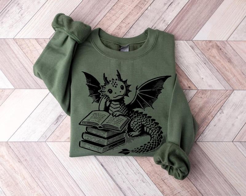 Dragon Book Lover Sweatshirt | Fantasy Reader Pullover | Bookworm Dragon Sweater | Cute Bookish Gift | Librarian Teacher...