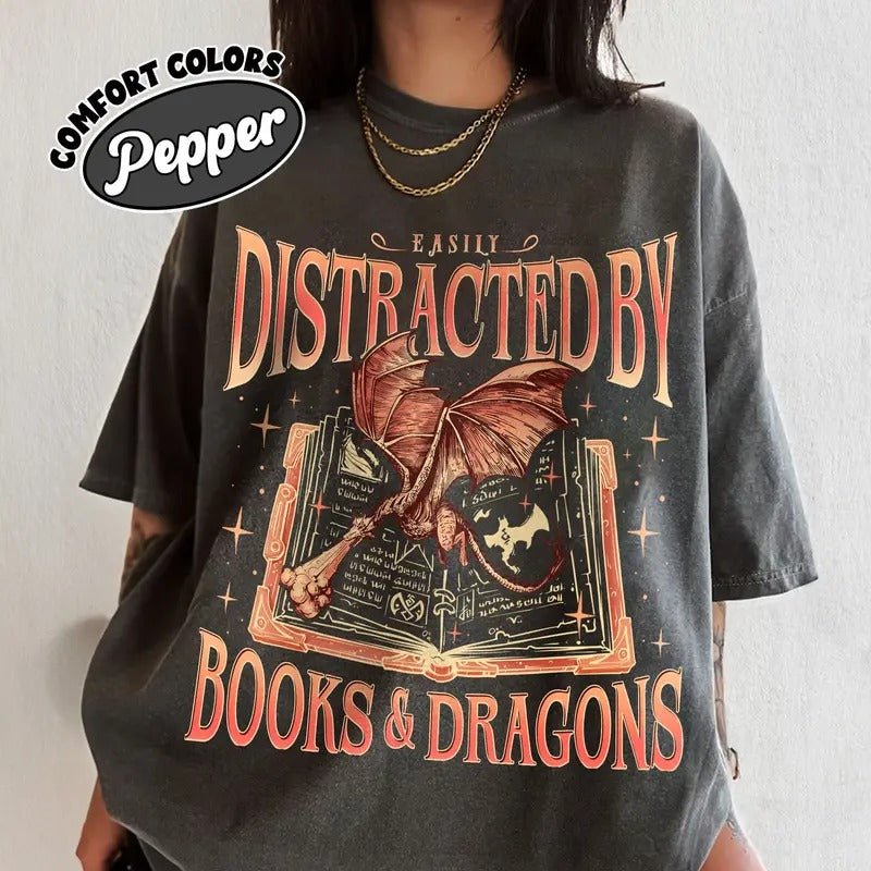 Dragon Book Shirt, Bookworm Book Dragon T-shirt, Easily Distracted By Dragons And Books Tee, Dragon Rider Fan Merch,...