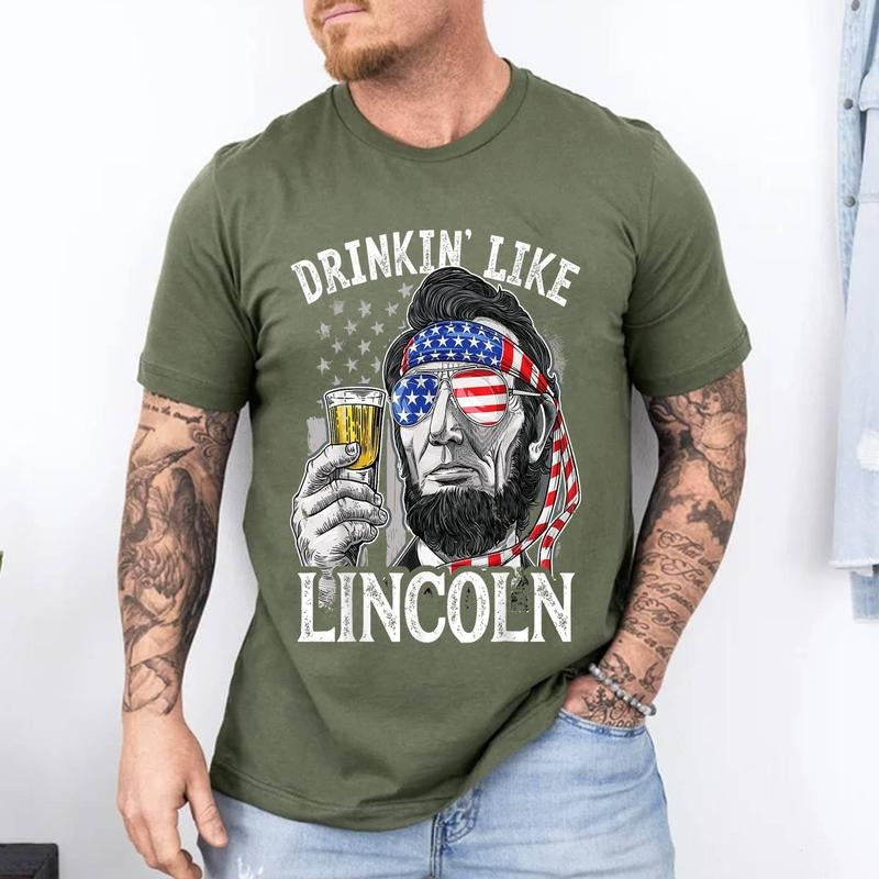 Drinking Like Lincoln 4th of July Men Abraham Merica Flag T-Shirt | Unisex Cotton Tee, Short Sleeve, Size S-3XL Hoodie,...