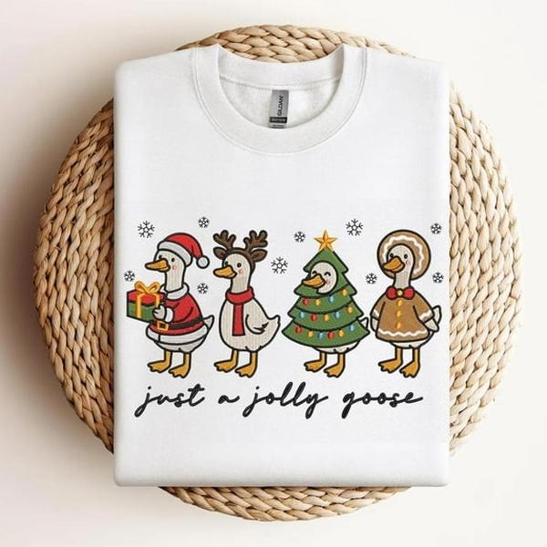 EMBROIDERED Just A Jolly Goose Shirt, Merry Christmas Goose Embroidery Sweatshirt, Christmas Embroidered Holiday...