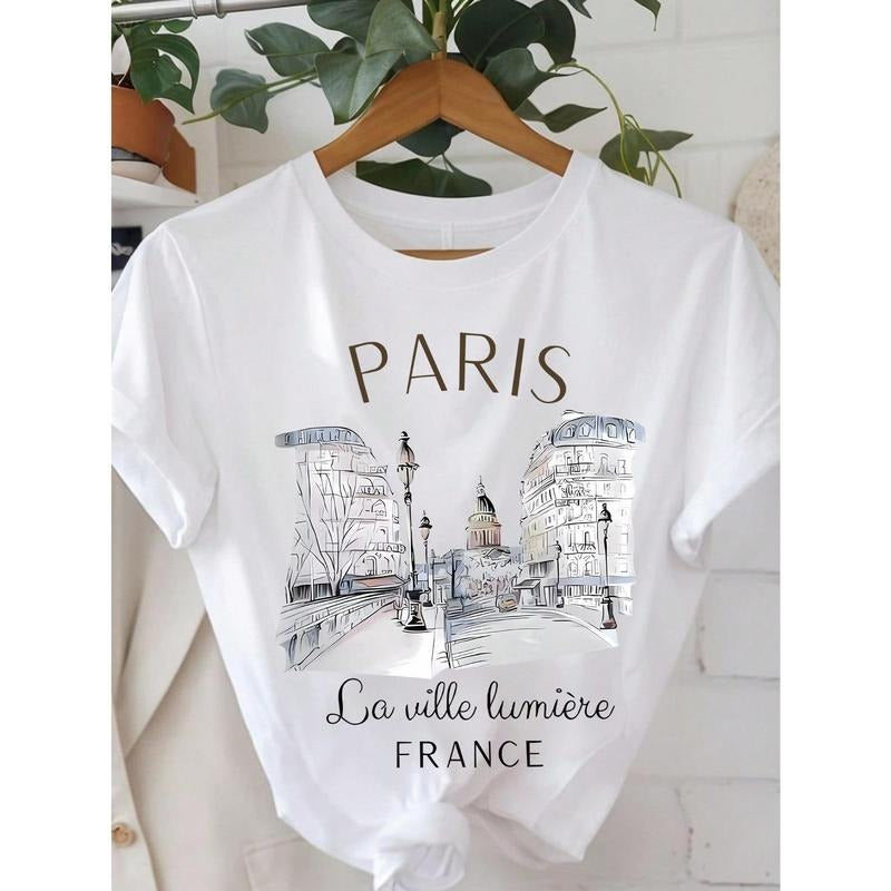 EMERY ROSE Women's Short Sleeve Paris Print Casual T-Shirt, Summer & Spring Top PARIS Graphic Tees Women Tops Fabric Fit...
